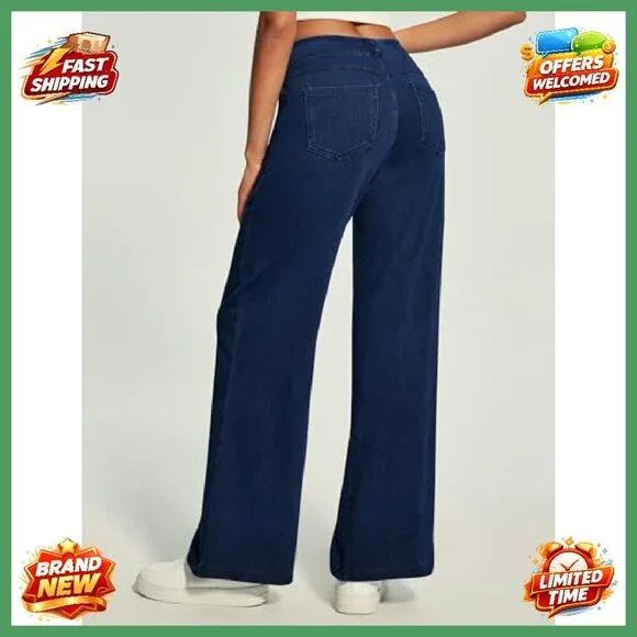 High Waist Wide Leg Pull On Jeans Stretchy Straight Leg Denim Pants